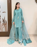 Ready To Wear Aqua Green Crep Silk Embroidery Work Palazo Suit With Dupatta