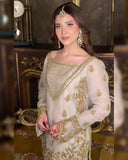 Ready To Wear Cream Soft Georgette Embroidery Work Sharara Suit With Dupatta