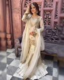 Ready To Wear Cream Soft Georgette Embroidery Work Sharara Suit With Dupatta