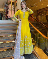 Georgette Yellow Faux Georgette Embroidery Work Anarkali Suit With Dupatta