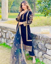 Royal Blue Micro Velvet Embroidered Pakistani Suit with Dupatta