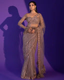 Gorgeous Mud Mono Net Embroidery Work Saree With Blouse