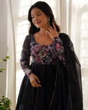 Gorgeous Black Organza Silk Floral Print Anarkali With Dupatta