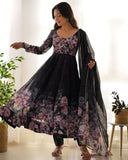 Gorgeous Black Organza Silk Floral Print Anarkali With Dupatta
