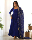 Gorgeous Blue Faux Georgette Emrboidery Work Anarkali Gown With Dupatta