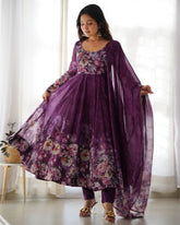 Gorgeous Purple Organza Silk Floral Prinkt Anarkali Gown With Dupatta