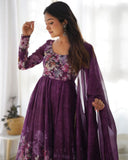 Gorgeous Purple Organza Silk Floral Prinkt Anarkali Gown With Dupatta