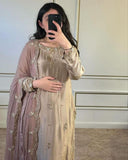 Beautiful Chinon Silk With Fancy Embroidery Thread Work Plazo Suit With Dupatta