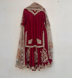 Ready To Wear Blue , Red & White Chinon Silk Embroidery Work Sharara Suit With Dupatta