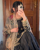 Ready To Wear Black Chinon Silk Embroidery Work Gharara Suit With Dupatta