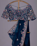 Georgette Blue Heavy Blooming Georgette Embroidery Work Saree With Blouse