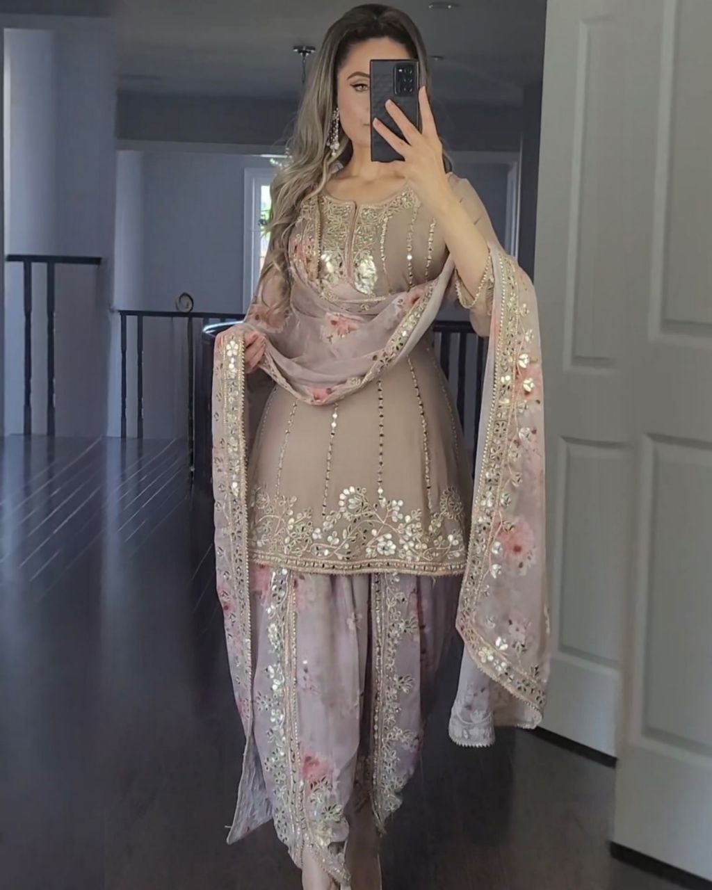 Georgette Grey Faux Georgette Embroidery Work Panjabi Suit With Dupatta