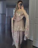 Georgette Grey Faux Georgette Embroidery Work Panjabi Suit With Dupatta
