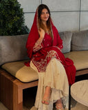 Exclusive Red-Ivory Chinon Silk Embroidery Work Sharara Suit With Dupatta