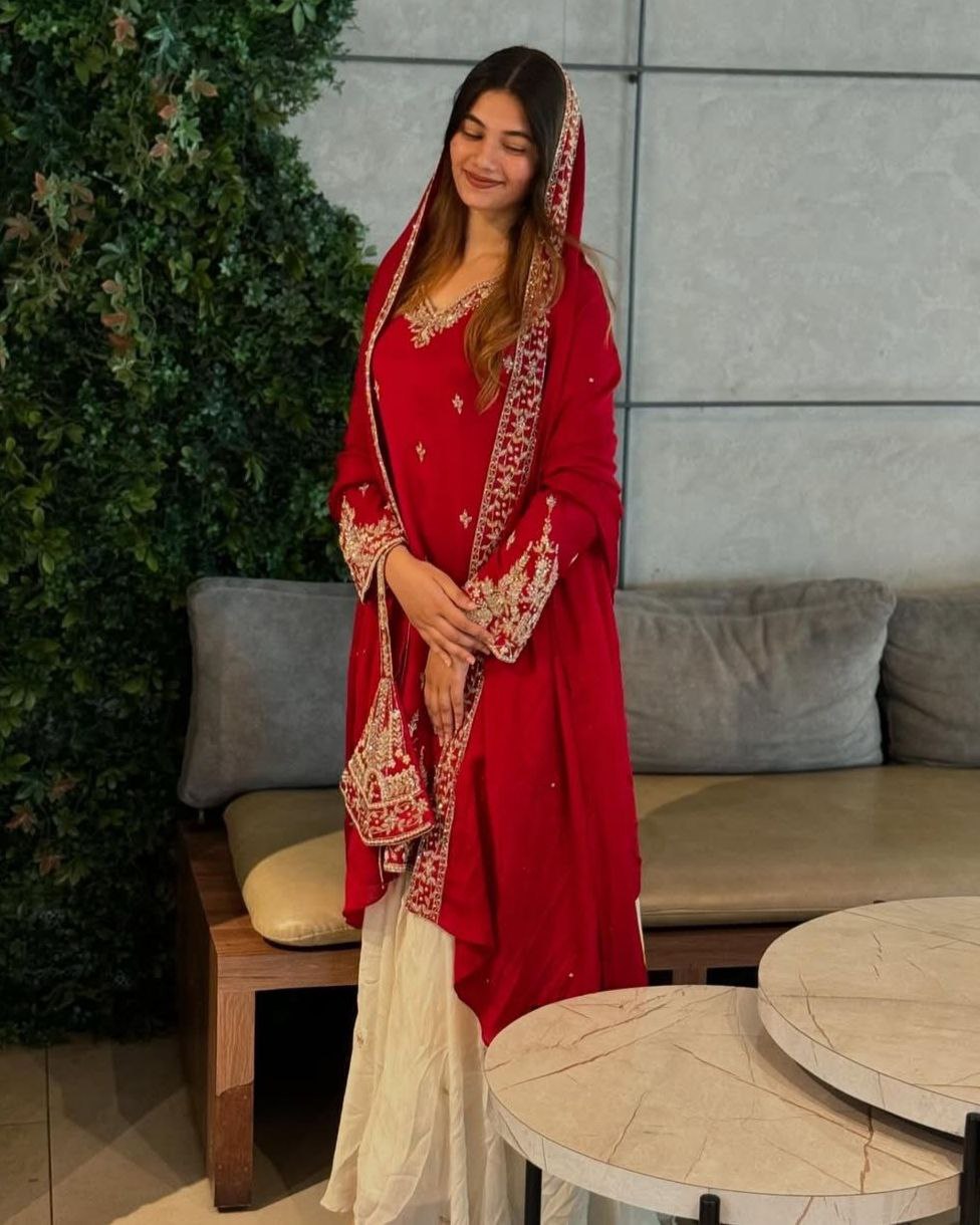 Exclusive Red-Ivory Chinon Silk Embroidery Work Sharara Suit With Dupatta