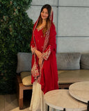 Exclusive Red-Ivory Chinon Silk Embroidery Work Sharara Suit With Dupatta