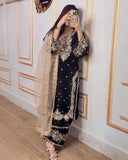 Exclusive Green , Red & Black Jimmy Silk Embroidery Work Pakistani Suit With Dupatta