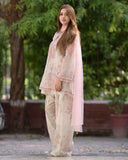 Exclusive White Pure Chiffon Embroidery Work Pakistani Suit With Pink Dupatta