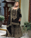 Exclusive Black , Fanta & Pink Soft Georgette Embroidery Work Gharara Suit With Dupatta