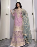 Exclusive Lilac Georgette Embroidery Work Gharara Suit With Sky Dupatta