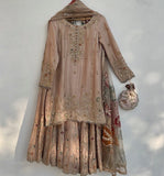 Ready To Wear Sand Beige Chinon Silk Embroidery Work Sharara Suit With Dupatta