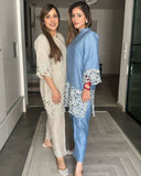 Ready To Wear Beige & Blue Chinon Silk Thread Work Pant With Top