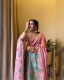 Ready To Wear Sky & Pink Jimmy Silk Thread Work Farshi Suit With Dupatta