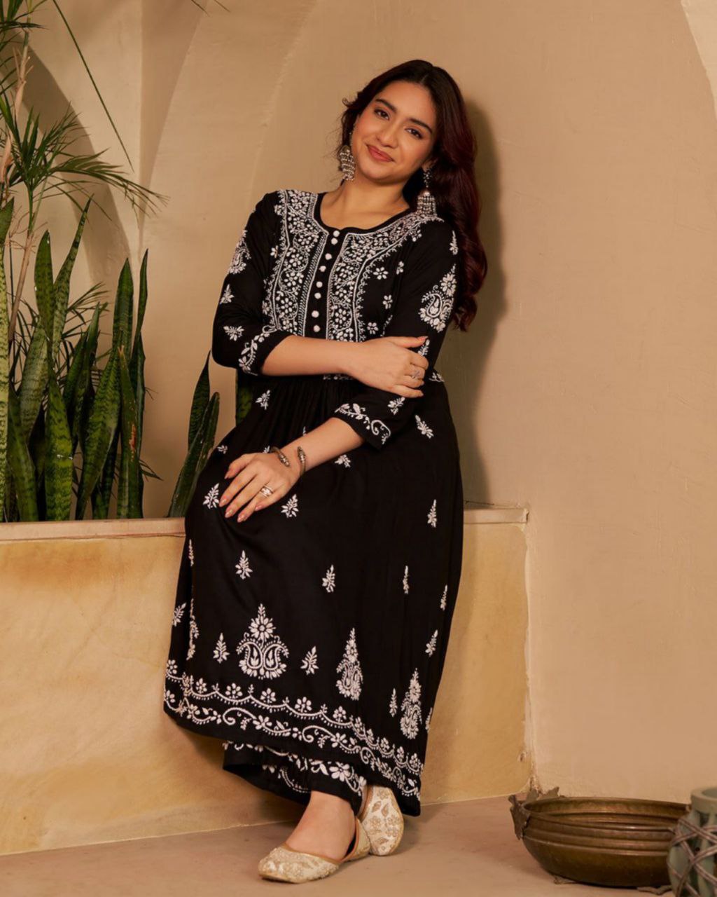Ready To Wear Black Rayon Cotton Embroidery Work Pant With Suit