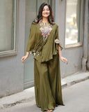 Ready To Wear Olive Green Chinon Embroidery Work Palazo With Top