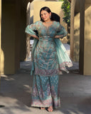 Ready To Wear Sea Green Chinon Silk Embroidery Work Palazo Suit With Dupatta