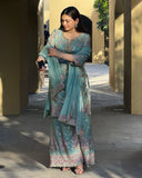 Ready To Wear Sea Green Chinon Silk Embroidery Work Palazo Suit With Dupatta