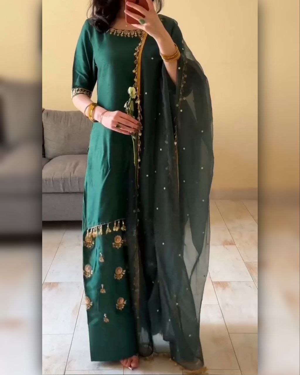 Ready To Wear Green Chinon Silk Embroidery Work Farshi Suit With Dupatta