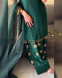 Ready To Wear Green Chinon Silk Embroidery Work Farshi Suit With Dupatta