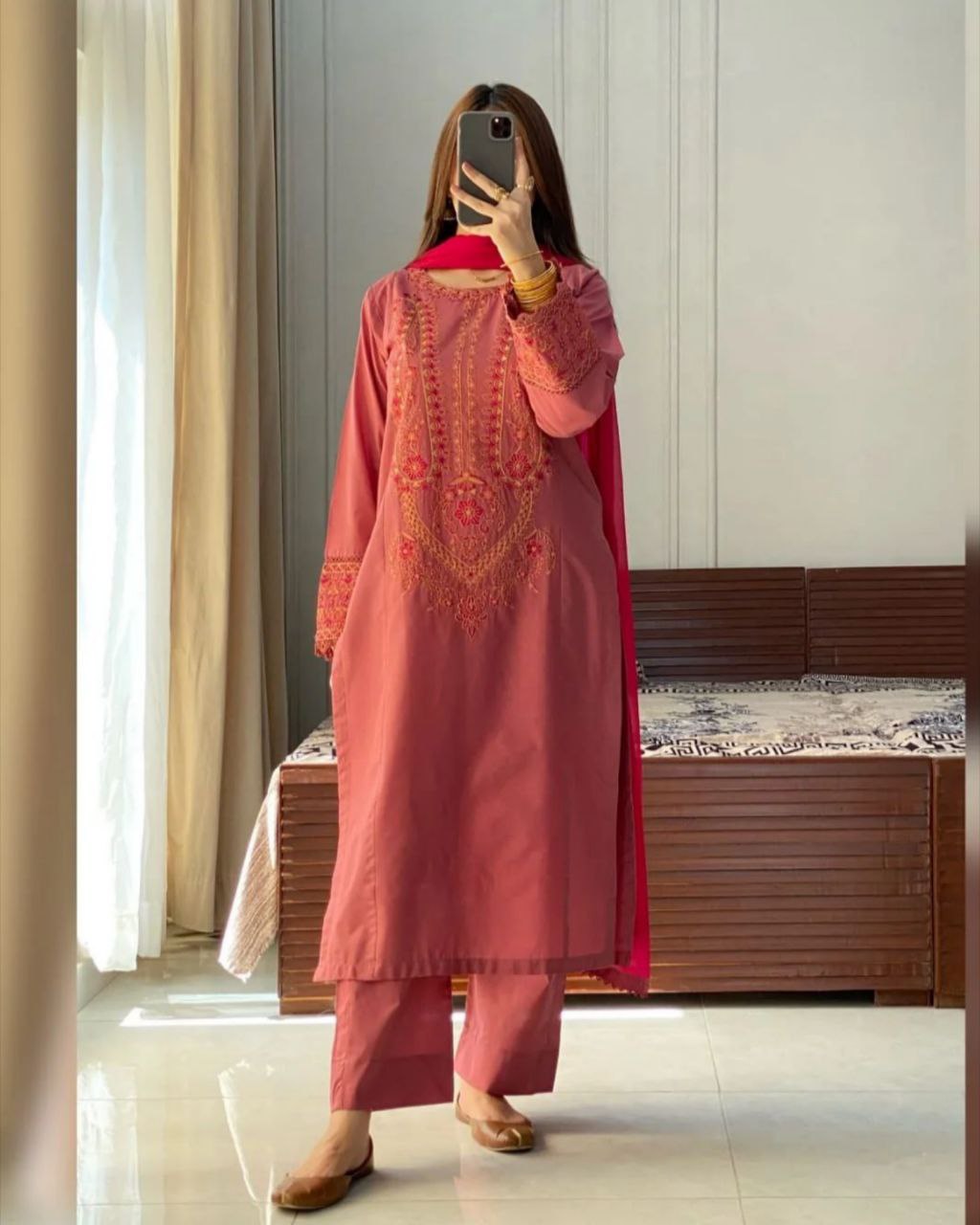 Ready To Wear Red Roman Silk Embroidery Work Pant Suit With Dupatta