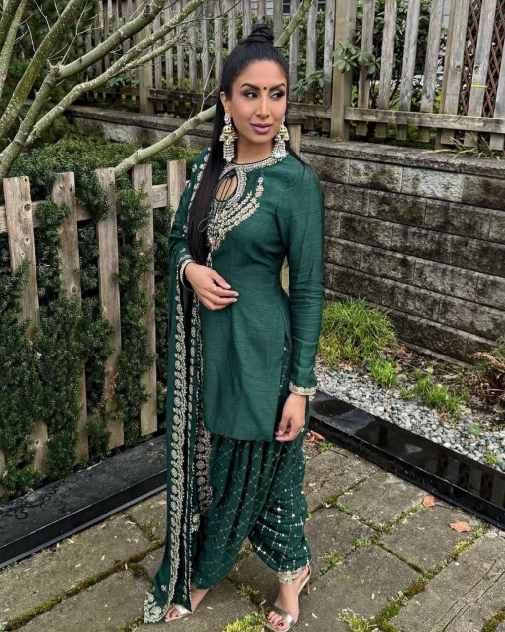 Ready To Wear Dark Green Silk Embroidery Work Salwar Suit With Dupatta