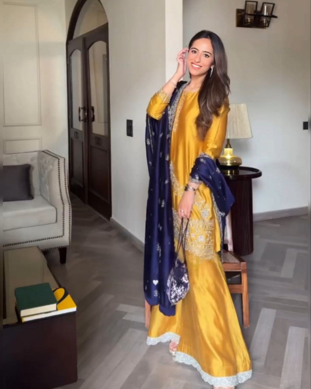 Ready To Wear Yellow Crep Silk Embroidery Work Palazo Suit With Blue Dupatta