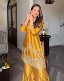 Ready To Wear Yellow Crep Silk Embroidery Work Palazo Suit With Blue Dupatta