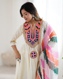 Ready To Wear Cream Pure Cotton Embroidery Work Anarkali Suit With Dupatta