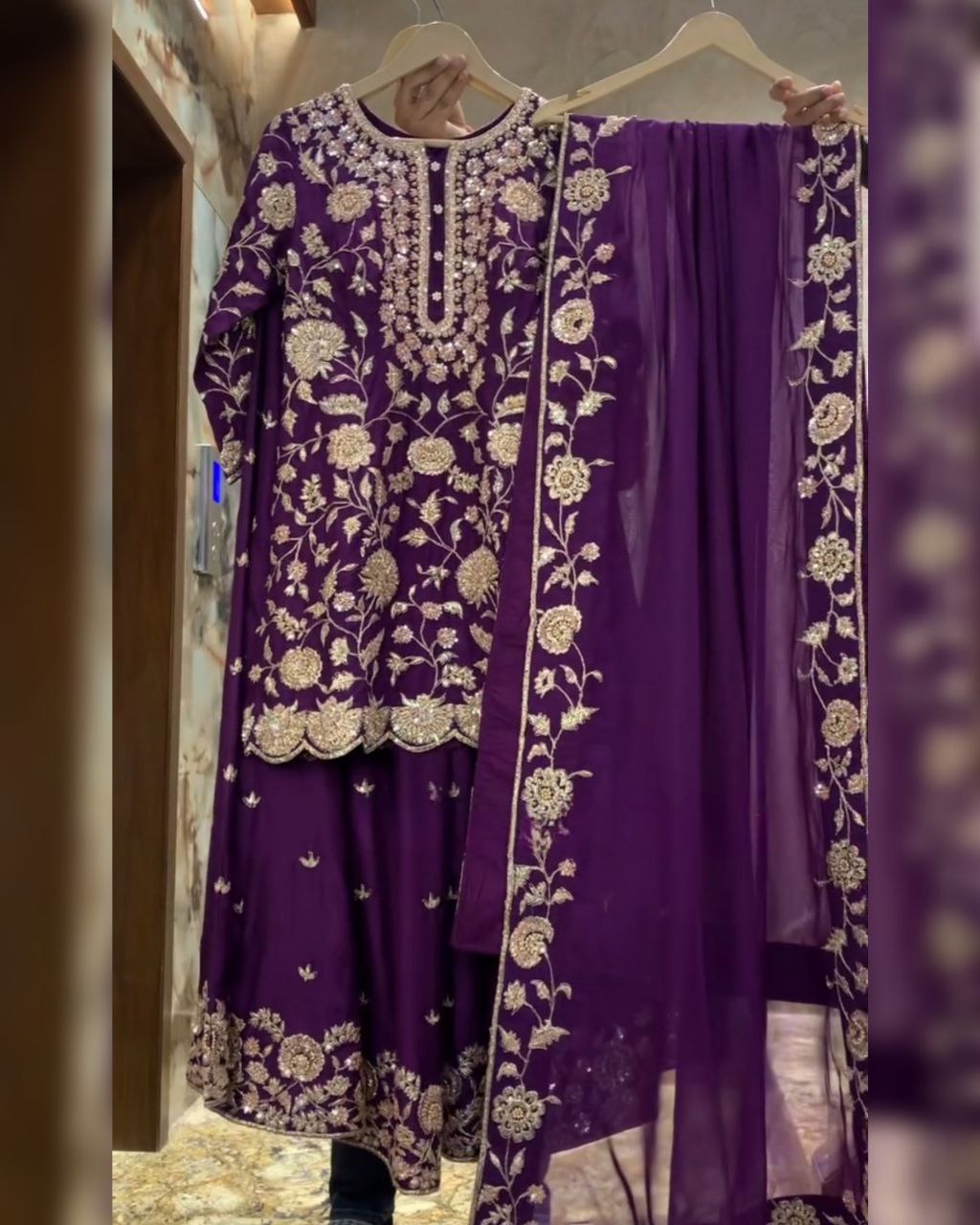 Ready To Wear Purple & Sky Chinon Silk Embroidery Work Sharara Suit With Dupatta