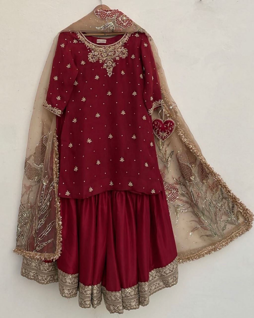 Ready To Wear Red Chinon Silk Embroidery Work Gharara Suit With Dupatta