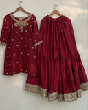 Ready To Wear Red Chinon Silk Embroidery Work Gharara Suit With Dupatta