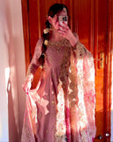 Ready To Wear Rose Gold Satin Silk Embroidery Work Anarkali Sharara Suit With Dupatta