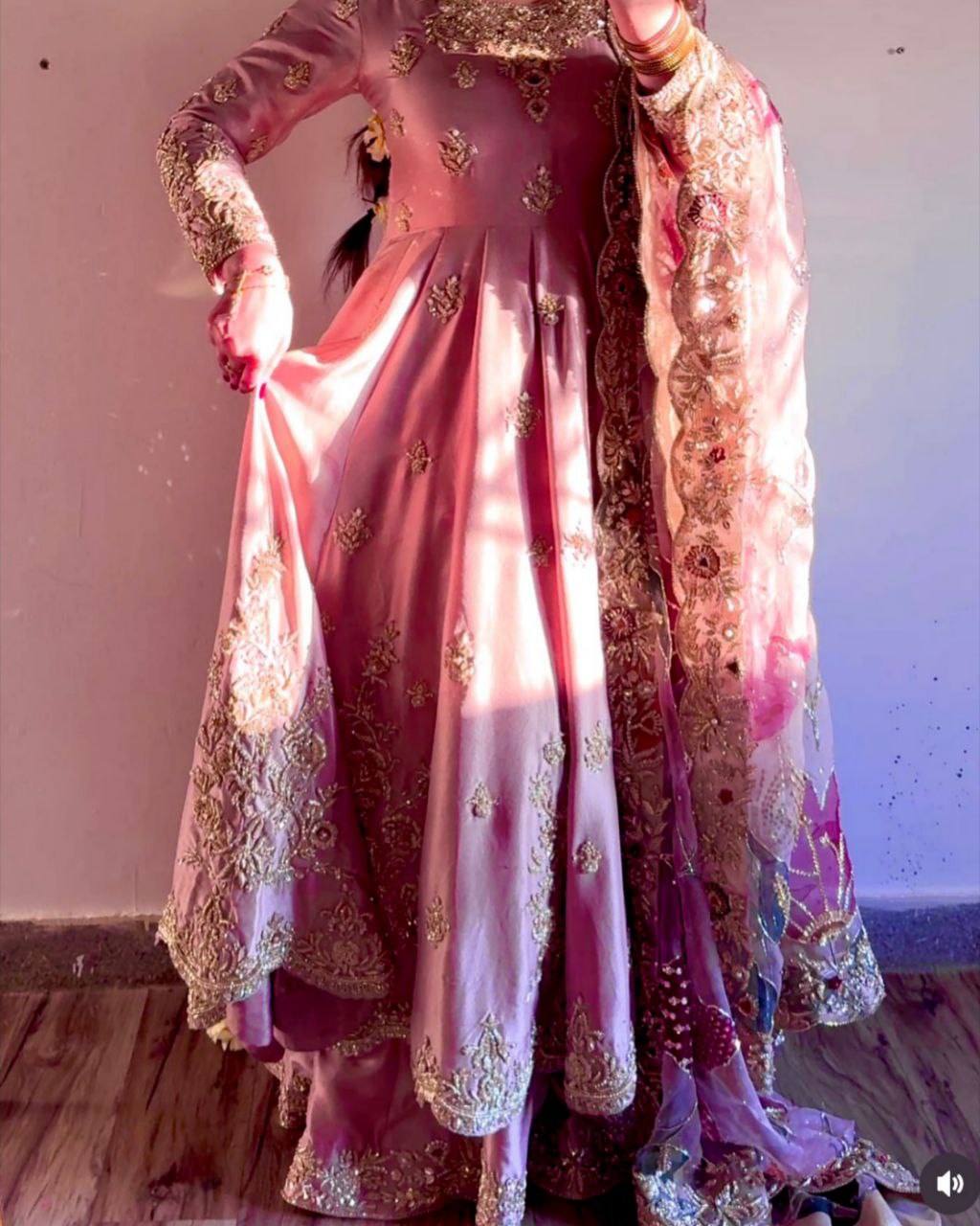 Ready To Wear Rose Gold Satin Silk Embroidery Work Anarkali Sharara Suit With Dupatta