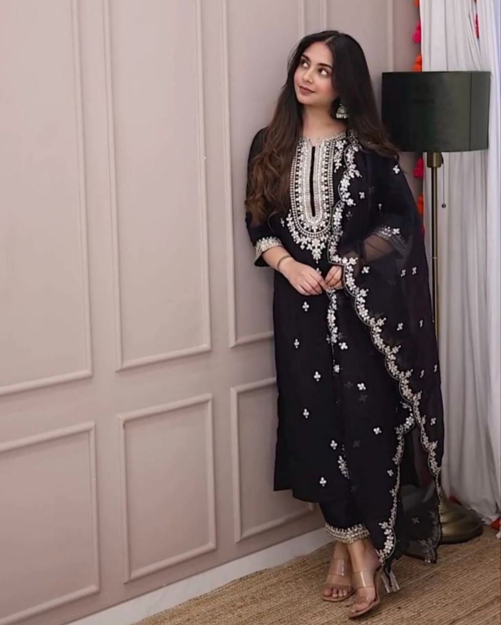Ready To Wear Black Soft Georgette Embroidery Work Pant Suit With Dupatta