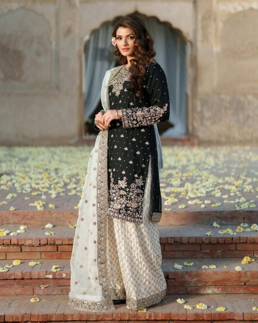 Ready To Wear Black & Cream Chinon Silk Embroidery Work Palazo Suit With Dupatta