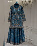 Ready To Wear Rama Green Chinon Silk Embroidery Work Sharara Suit With Dupatta