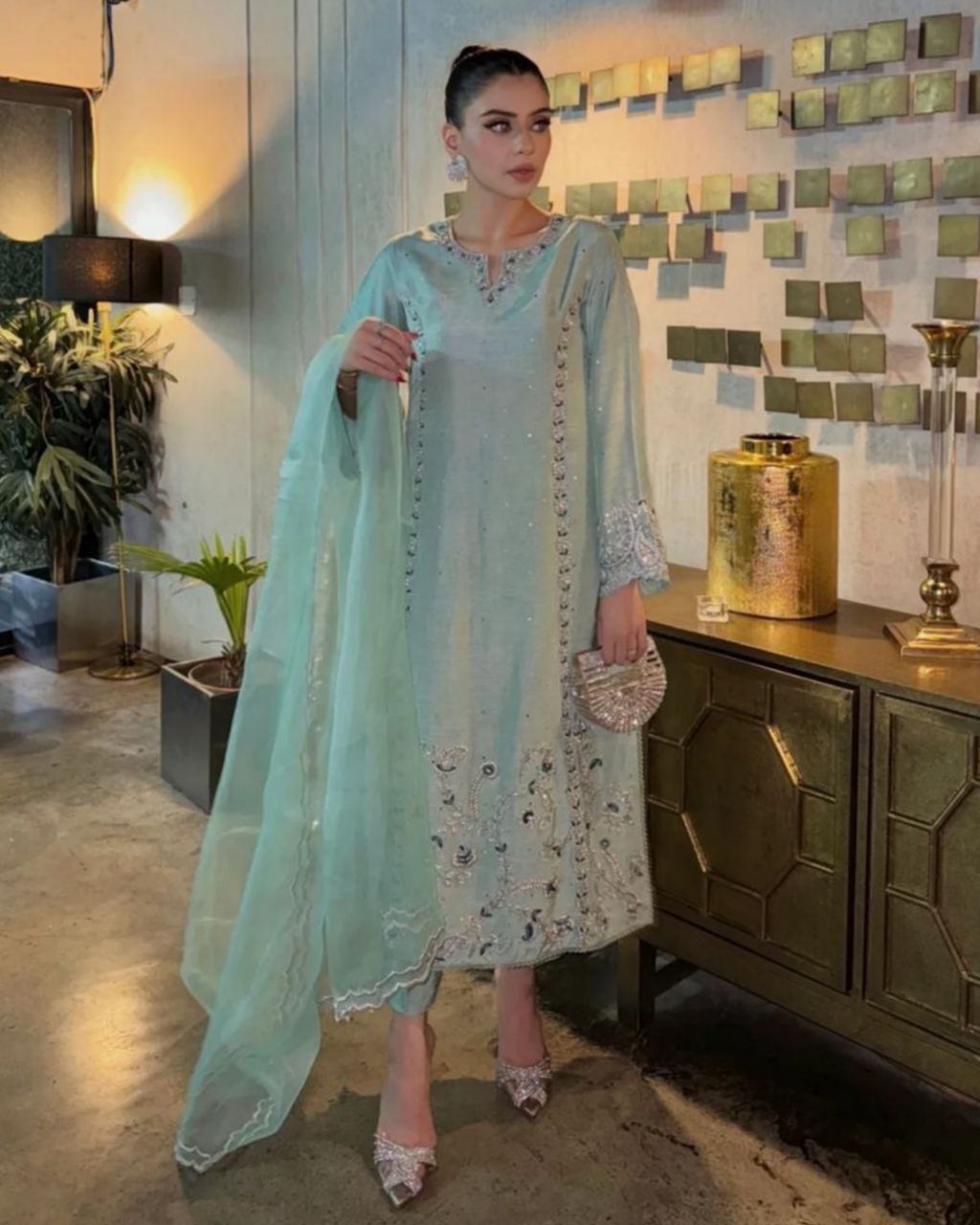 Ready To Wear Sea Green Chinon Silk Embroidery Work Pakistani Suit With Dupatta