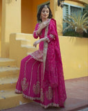 Ready To Wear Hot Pink Chinon Silk Embroidery Work Sharara Suit With Dupatta