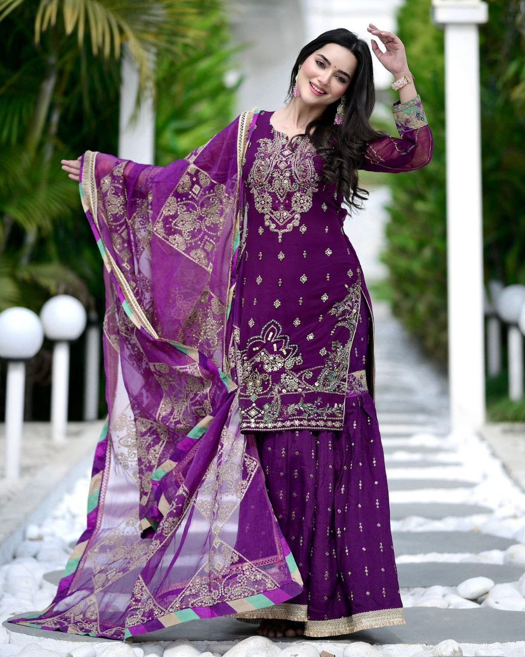 Ready To Wear Purple Soft Georgette Embroidery Work Gharara Suit With Dupatta