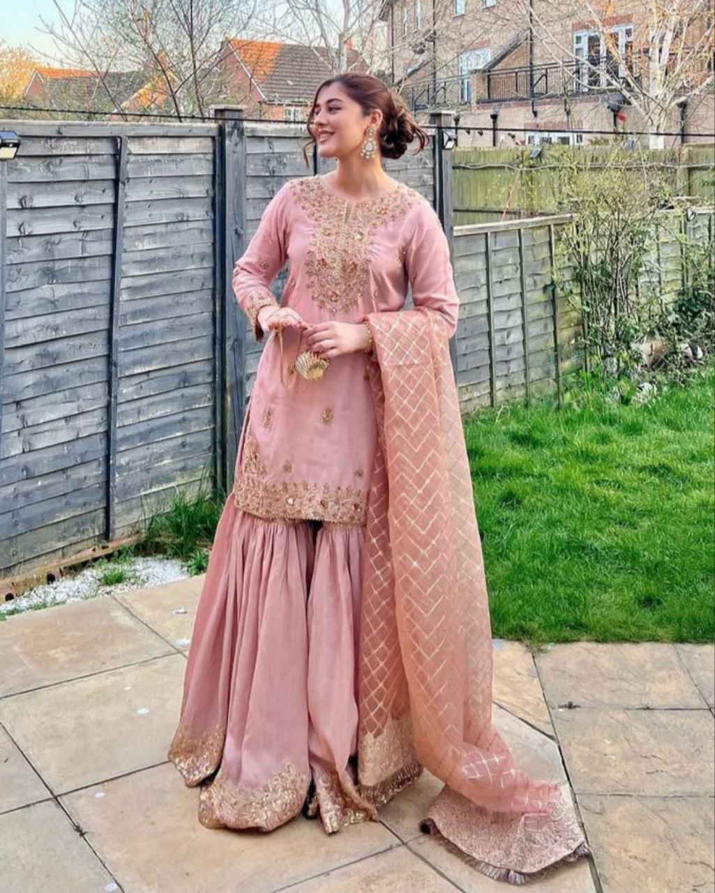 Ready To Wear Peach Chinon Silk Embroidery Work Gharara Suit With Dupatta